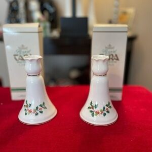 Royal Stuart Tara Hall fine bone china taper candle holders w/holly berries. 5”